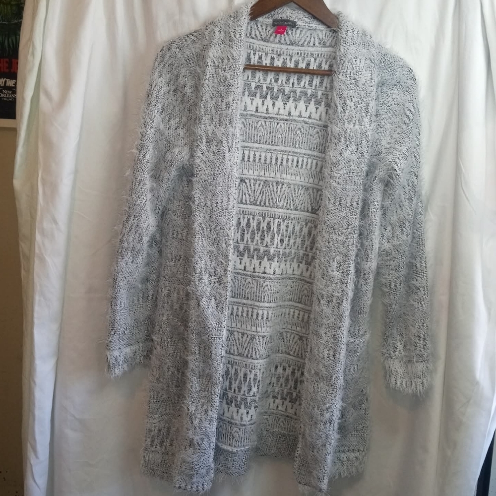 Vince Camuto Fuzzy Light Gray Pattern Knit Cardigan Pockets Super Soft Coastal